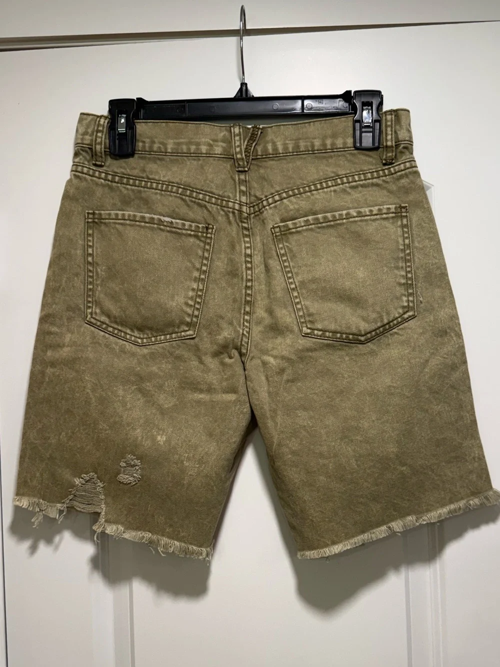Women’s Distressed Olive Green Denim Shorts